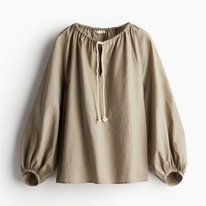 H&M Linen Blend Peasant Poplin Top Tan Beige